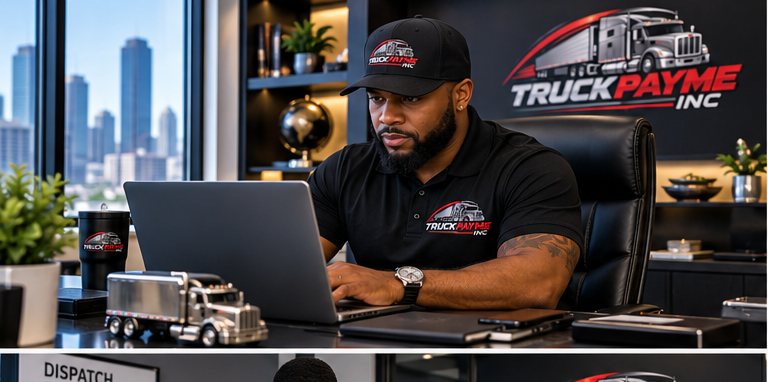 Owner at a laptop in the TRUCKUPAYME INC office