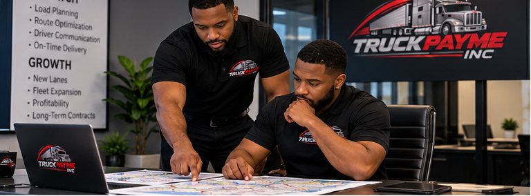 Two people planning routes on a map in the TRUCKUPAYME INC office