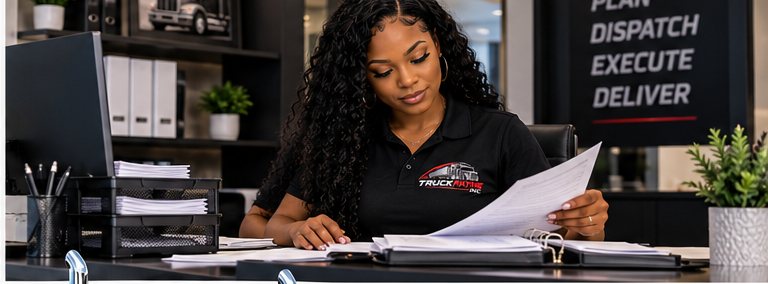 Billing paperwork being reviewed at the TRUCKUPAYME INC office