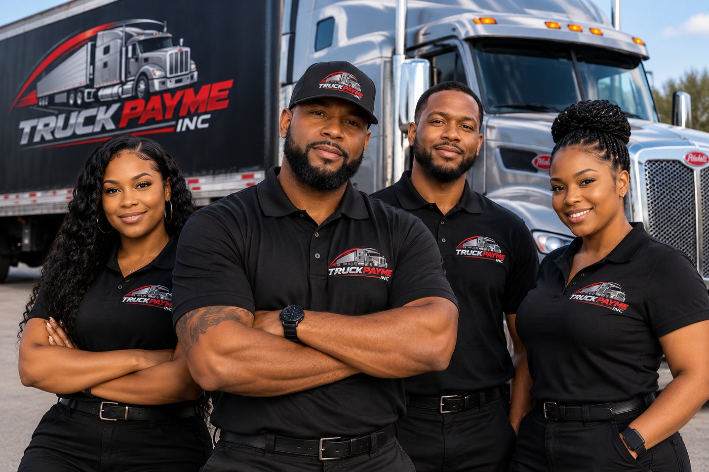 Four people in TRUCKUPAYME INC shirts standing in front of the company Peterbilt and trailer